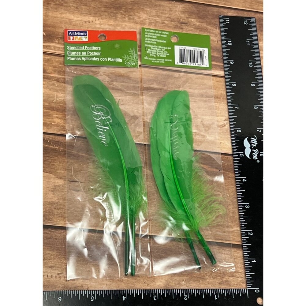 ArtMinds GREEN BELIEVE Stenciled Feathers 2 PACKS OF 2 279686 HOLIDAY